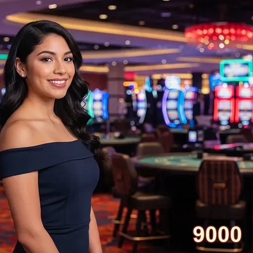 Sala de cassino do 9000, com máquinas caça-níqueis e mesas de jogo vibrantes.