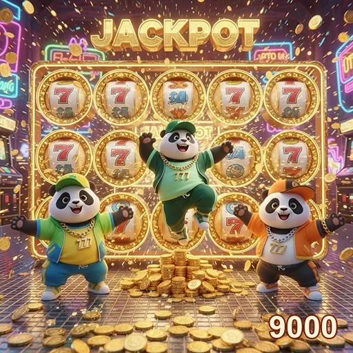 Pandas ganhando no cassino 9000, celebrando um grande prêmio em um ambiente divertido.