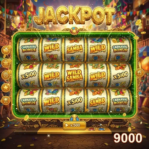 Máquina caça-níqueis Jackpot no site 9000, com símbolos vibrantes e luzes chamativas.