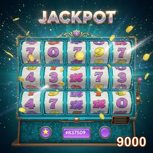 Slot machine jackpot na 9000, com símbolos vibrantes e luzes chamativas, ideal para jogos emocionantes.